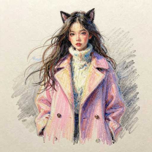 This image is a detailed colored pencil drawing of a young Asian woman, possibly a K-pop star, depicted from the waist up. She has long, wavy black hair with subtle brown highlights, cascading down to her waist. Her hair is parted in the middle, and she wears a pair of cat ears, adding a whimsical touch to her appearance. Her face is adorned with red blush on her cheeks and red lipstick, complementing her expressive brown eyes. She is dressed in a white turtleneck sweater with a blue pattern, layered under a pink trench coat that features a yellowish tint on the left side and a purplish tint on the right. The trench coat has four brown buttons, with two visible on the front. Her hands are tucked into the pockets of the coat, and she stands against a light gray background with darker gray shading around her, enhancing the depth of the drawing.