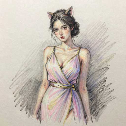 A detailed pencil sketch of a young woman wearing a stylish, multi-colored dress with cat ears. The drawing is rendered in soft pencil strokes, creating a delicate and slightly whimsical feel. She has long, dark hair styled in a loose updo with some strands falling around her face. Her expression is gentle and slightly pensive, looking over her shoulder with a subtle smile. The dress features a wrap-around design with thin straps and a decorative belt cinching her waist. The color palette is soft, with pastel shades of pink, purple, and yellow blending together in the fabric. The background is a simple, light gray wash that enhances the focus on the figure.
