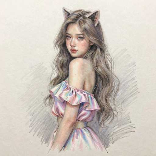This image features a detailed drawing of a young woman, likely in her late teens or early twenties, with an Asian appearance. She has long, wavy brown hair cascading down her back and is adorned with cat ears on her head. Her attire consists of a pink, blue, and white dress that is off the shoulder, revealing her left shoulder and arm. The dress has a frilly top and a thin belt cinching her waist. She is looking directly at the viewer with a neutral expression, her lips painted a vibrant red. The background is a light gray, with subtle shading around her figure, adding depth to the illustration.