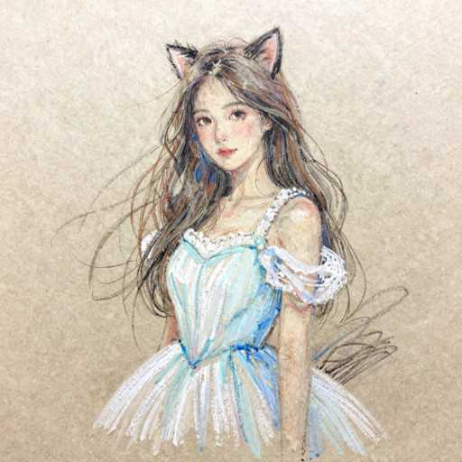 This image features a detailed drawing of a young woman, likely in her late teens or early twenties, with long brown hair cascading down to her waist. She has a fair complexion and is adorned with pink blush on her cheeks, complementing her red lipstick. Her attire is a light blue dress with white frills and lace detailing, including a single shoulder strap on her left shoulder and a ruffled sleeve on her right. The dress has a frilly skirt that adds to its delicate appearance. Notably, she has pink and black cat ears protruding from the top of her head, adding a whimsical touch to her look. The background is a light brown, almost tan color, and the drawing appears to be signed in the bottom right corner, though the signature is not legible. The overall style of the artwork is reminiscent of anime or manga, with a focus on intricate details and expressive features.