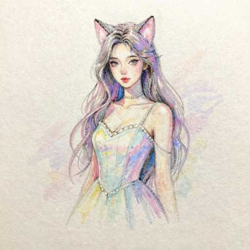 A delicate, ethereal illustration of a stylish woman with long, flowing lavender hair adorned with cat ears. She wears an elegant, pastel-toned dress and a delicate choker. Soft, smudged watercolor washes create a dreamy, gentle atmosphere on textured paper. The overall style is soft and whimsical, emphasizing a serene, almost otherworldly quality.
