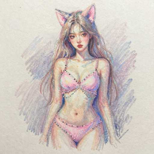 This image features a detailed drawing of a young woman, likely in her late teens or early twenties, with long, wavy hair that cascades down to her waist. She has a slender build and is wearing a pink bikini adorned with white and black beads. Her hair is parted in the middle, and she sports pink cat ears on top of her head. The woman's face is characterized by large, expressive eyes, a small nose, and full lips. She is looking slightly to the left, with her head tilted in that direction. The background of the image is a light gray, and there are subtle blue and purple streaks behind her, adding depth to the composition. The drawing is set against a white piece of paper, and the woman's arms are positioned down by her sides.
