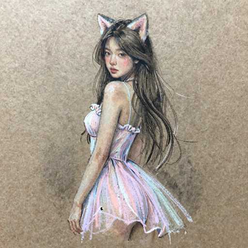 This image features a detailed drawing of a young woman, possibly of Asian descent, with long, dark brown hair cascading down her back. She is depicted in a pink nightgown adorned with white frills at the shoulders and bottom, which falls just above her knees. The nightgown has a delicate, lacy texture, adding to its ethereal appearance. The woman is positioned with her back to the viewer, but she has turned her head over her right shoulder, gazing directly at the camera with a neutral expression. Her face is accentuated with pink blush on her cheeks and red lipstick, and she wears a white pearl necklace. Notably, she has pink cat ears with white interiors perched atop her head. The background of the image is a light brown, resembling a textured cardboard or paper surface, which adds a subtle contrast to the vibrant colors of her nightgown and features.