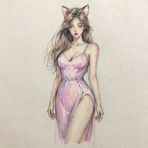 This image features a detailed drawing of a young woman, likely in her late teens or early twenties, with long, wavy brown hair that cascades down to her chest. She has a pale complexion and is adorned with pink cat ears on top of her head. Her attire is a striking, form-fitting dress that combines shades of pink, purple, and blue. The dress is designed with a single strap over her right shoulder and a bold slit that extends up to her hip, revealing her leg. The dress cinches at the waist and flows down to her ankles, with delicate tassels hanging from the bottom. She stands with her arms relaxed at her sides, her head slightly tilted to the left, and her gaze directed straight ahead. The background is a light gray, providing a subtle contrast to the vibrant colors of her dress.
