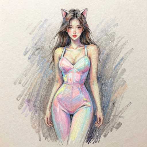 The image depicts a detailed drawing of a young Asian woman, likely in her late teens or early twenties, with long, wavy brown hair that cascades down to her waist. She is wearing a form-fitting bodysuit that combines elements of a corset and a leotard, featuring spaghetti straps and a deep V-neckline that reveals a significant amount of cleavage. The bodysuit is adorned with a vibrant mix of colors, including shades of pink, blue, yellow, and purple, giving it a rainbow-like appearance. Her arms hang naturally by her sides, and she has a slight smile on her face, with her head slightly tilted to the left. Notably, she has pink cat ears protruding from the top of her head, adding a whimsical touch to her appearance. The background of the image is a light gray, with streaks of blue, gray, and purple that create a dynamic, almost ethereal effect, enhancing the overall artistic quality of the drawing.