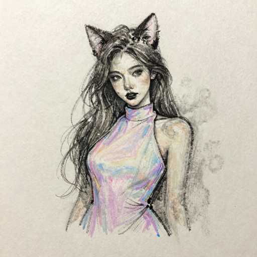 A detailed pencil sketch of a young woman with long, flowing black hair adorned with cat ears. She's wearing a sleeveless, high-necked dress in pastel shades of pink, blue, and yellow. Her expression is slightly melancholic as she looks down with dark, expressive eyes. The sketch has a soft, ethereal quality, likely created with graphite pencils and possibly some colored pencils for subtle highlights. The background is a simple, light gray paper, allowing the focus to remain on the figure.
