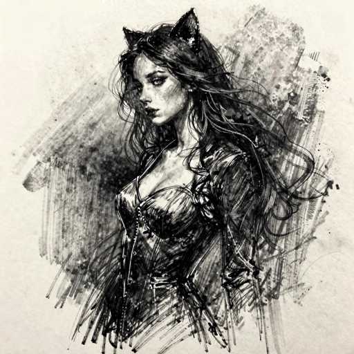 This black and white sketch, rendered on a cream-colored background, depicts a young woman with long, flowing dark hair that cascades down her back. She is adorned in a low-cut, form-fitting dress that appears to be made of leather or vinyl, accentuated with a chain running down the front. Her attire is complemented by a jacket or cape that drapes over her shoulders. The woman's head is turned to the left, her gaze directed slightly downward, with her lips painted a vivid red, adding a striking contrast to the monochromatic palette. She wears cat-like ears on her head, enhancing her feline appearance. The background features a mix of black and gray scribbles, adding depth and texture to the composition.