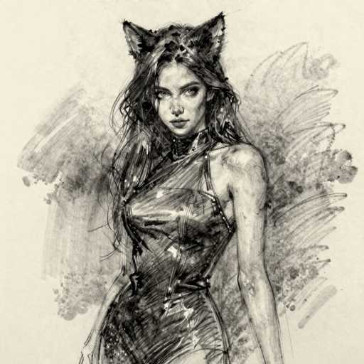 This detailed black and white pencil sketch depicts a young woman, likely in her late teens or early twenties, with long, dark hair cascading down to her waist. She is adorned in a sleek, form-fitting dress that appears to be made of leather or vinyl, accentuated with straps around her neck and a zipper running up the front. The dress is sleeveless, revealing her bare shoulders and arms. Her head is adorned with cat-like ears, adding a whimsical touch to her appearance. The woman's expression is serious, with her gaze directed slightly to the right. The background is a light beige, featuring abstract, smudged pencil marks that create a subtle, textured effect. The overall composition is square, with the woman's figure centrally positioned, emphasizing her enigmatic presence.