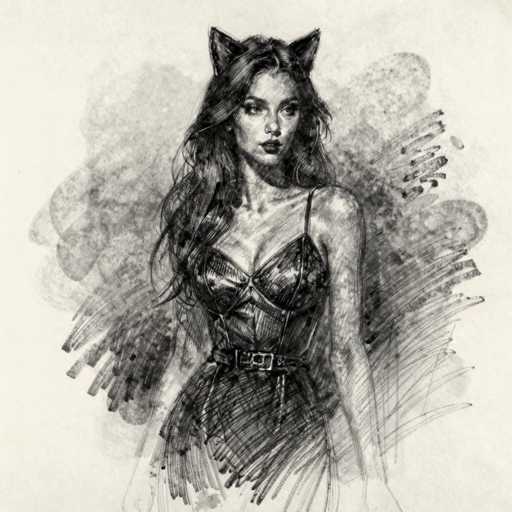 This is a detailed black and white pencil sketch of a young woman, likely in her early 20s, with long, wavy hair cascading down to her chest. She is depicted wearing a revealing, low-cut dress that appears to be made of leather or latex, accentuated with a belt around her waist. The dress features a single strap on her left shoulder, while her right shoulder remains bare. Her hair is parted in the middle, and she has a serious expression on her face, looking slightly to the left. Adding to her enigmatic appearance, she wears cat ears on her head. The background is a light gray, with darker gray smudges and scratchy lines, giving the image a textured, almost ethereal quality. The overall composition is square, with the woman's figure centrally positioned, extending from the top to the bottom of the frame.