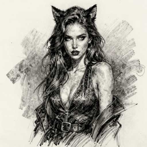 This black and white pencil sketch depicts a young woman with long, wavy hair cascading down to her chest. She is adorned with cat ears, adding a whimsical touch to her appearance. Her attire consists of a low-cut, sleeveless dress that is unzipped to reveal a significant amount of cleavage, and she cinches her waist with a belt. The woman's expression is serious, with her eyes gazing off to the side, and her lips are painted a dark shade. The background features a mix of gray and white hues, with a notable black swirl in the bottom right corner. The overall composition is detailed and intricate, capturing the essence of the subject with a blend of realism and artistic flair.