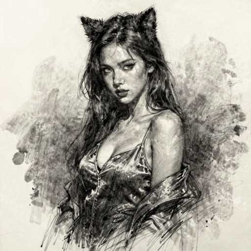 This black and white sketch, possibly created with charcoal or pencil, depicts a young woman with long, dark hair cascading past her shoulders. She is adorned with cat ears, adding a whimsical touch to her appearance. Her attire consists of a shiny, low-cut dress that appears to be made of satin or silk, with a zipper running down the front. The dress is sleeveless, and she has draped a jacket or sweater over her left arm. Her expression is serious, with her gaze directed slightly to the left. The background is a mix of smudged and shaded areas, creating a textured, almost ethereal effect. The overall composition is detailed and realistic, capturing the essence of the subject with a blend of realism and fantasy elements.