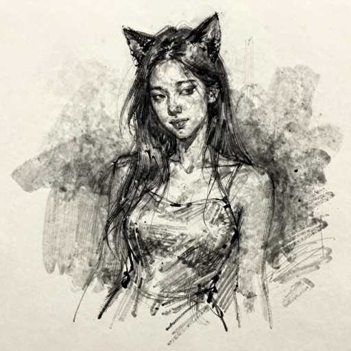 This detailed black and white sketch, possibly created with pen or pencil, depicts a young Asian woman, likely in her late teens or early twenties. She has long, dark hair that cascades down to her waist, with some strands tucked behind her ears and others flowing freely. Her hair is adorned with cat-like ears, adding a whimsical touch to her appearance. She is dressed in a sleeveless top, which appears to be a tank top or possibly a dress, though the sketch cuts off at her waist, leaving the full garment ambiguous. The woman's face is oval-shaped with a small nose, full lips, and dark eyes that gaze slightly to the left. The background is filled with abstract, smudged patterns in shades of gray and black, creating a cloudy, textured effect that contrasts with the more defined figure of the woman. The overall composition is set against a light gray or off-white backdrop, enhancing the sketch's intricate details and artistic style.