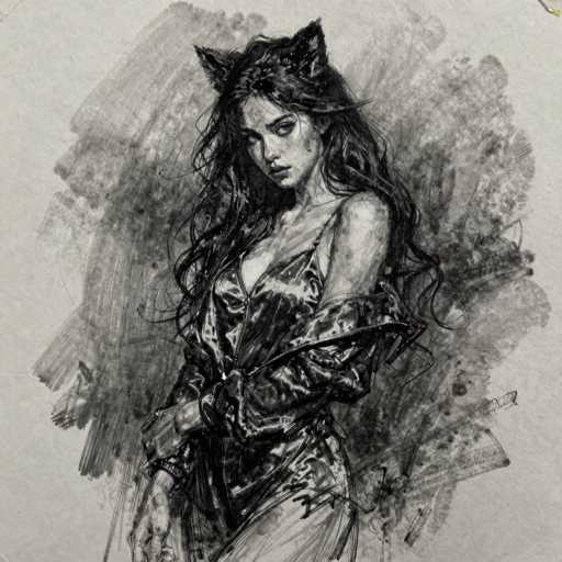 A detailed pencil sketch of a woman with long, wavy black hair and cat ears, wearing a dark, shiny dress. The sketch is in grayscale with a loose, expressive style, focusing on texture and shading to create depth. The woman is looking directly at the viewer with a slightly intense expression, her pose suggesting confidence and allure. The background is softly blurred, emphasizing the figure's presence.