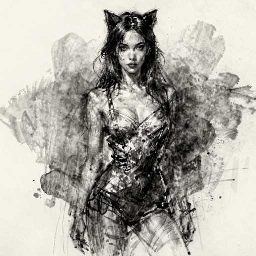 This image is a detailed black and white sketch of a young woman, likely in her late teens or early twenties, with long, dark hair cascading down to her chest. She is depicted wearing a revealing, possibly one-piece outfit that resembles a corset or lingerie, with thin straps over her shoulders and a V-neckline that accentuates her cleavage. Her attire includes thigh-high stockings, adding to the provocative nature of her outfit. The woman's face is adorned with makeup, and she has a serious, almost stern expression as she looks directly at the viewer. She also sports cat ears, which add a whimsical touch to her appearance. The background is filled with abstract, smudged black and gray watercolor-like patterns, creating a chaotic and somewhat dirty aesthetic that contrasts with the more defined figure of the woman. The overall composition is set against a light gray background, enhancing the stark contrast of the black and white elements in the drawing.