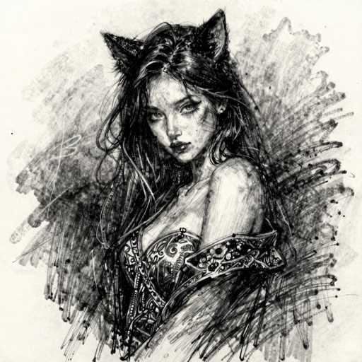 This black and white illustration features a young woman with long, dark hair cascading down her back. She is adorned with cat-like ears, adding a whimsical touch to her appearance. Her attire is a strapless dress embellished with intricate floral patterns and beading, which elegantly wraps around her chest and waist. The dress is cut off just below her chest, revealing a glimpse of her upper arm. Her lips are painted a striking red, contrasting with the monochromatic palette of the image. The background is filled with dynamic black and white scribbles, creating a textured backdrop that enhances the overall composition. The woman's head is slightly tilted to the left, and she gazes directly at the viewer, her expression enigmatic and captivating.