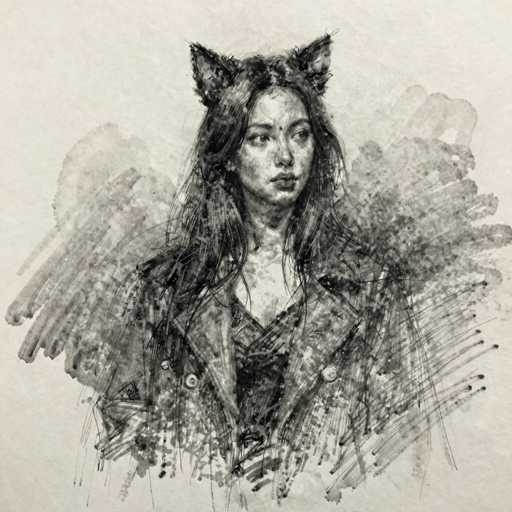 This is a detailed black and white sketch of a young woman, possibly in her late teens or early twenties, with long, dark hair cascading down to her chest. She is depicted wearing a black leather jacket with prominent buttons, over a dark shirt. Her expression is serious, and she gazes off to the right side of the image. A notable feature is the pair of cat ears perched atop her head, adding a whimsical touch to her otherwise somber demeanor. The background is a light gray, with abstract watercolor-like smudges and scratches that create a textured, almost ethereal effect, enhancing the overall composition of the drawing.