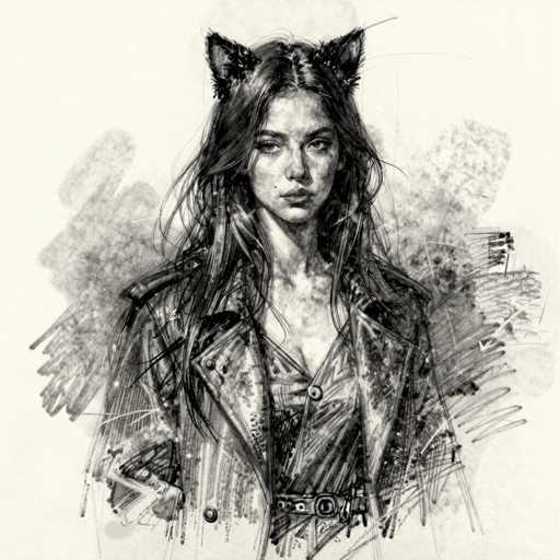 This black and white sketch, possibly created with pencil or charcoal, depicts a young woman in her late teens or early twenties. She has long, dark hair that cascades past her shoulders, with a middle part and a slight wave. Her hair is adorned with black cat ears, adding a whimsical touch to her appearance. She wears a leather jacket, detailed with a belt at the waist and buttons, over a low-cut blouse. Her expression is serious, with her eyes looking slightly to the left, and she has a small mole on the right side of her face. The background is a light gray, featuring abstract, scribbled patterns that resemble clouds, enhancing the overall artistic and somewhat mysterious atmosphere of the image.