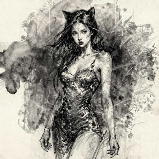 This black and white pencil sketch depicts a young woman, possibly in her late teens or early twenties, with long, dark hair cascading down to her waist. She is adorned in a form-fitting, one-piece catsuit that accentuates her figure, complete with a halter top and buttons running down the front. The catsuit, which appears to be made of a shiny material like leather or vinyl, features a V-neckline that reveals some cleavage. Her arms hang straight down by her sides, and she wears a bracelet on her right wrist. The woman's face is framed by cat ears, adding a whimsical touch to her appearance. She gazes directly at the viewer with a serious expression, her lips painted with lipstick. The background is a chaotic mix of black and gray smudges, giving the impression of ink or paint splatters, which contrasts sharply with the white paper. The overall composition is detailed and intricate, capturing the essence of the subject with a blend of realism and artistic flair.