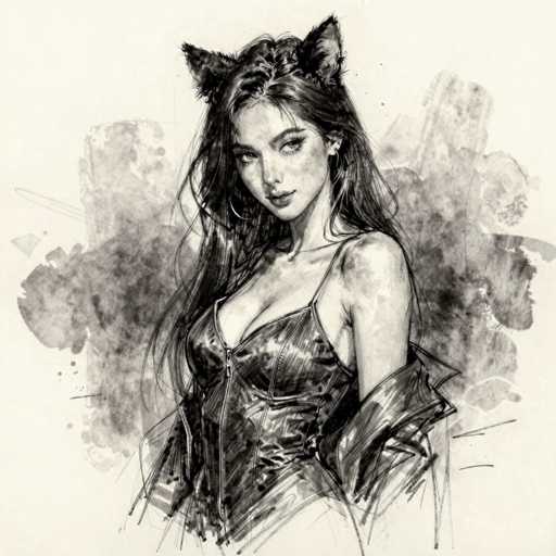 This black and white illustration features a young woman, likely in her late teens or early twenties, with long, dark hair cascading down to her waist. She is depicted wearing a low-cut, sleeveless dress that appears to be made of leather or vinyl, zipped up the front. The dress has a high slit on the left side, revealing her leg. Her right arm is bent at the elbow, with her hand resting on her hip, while her left arm is not visible in the image. She accessorizes with large hoop earrings and has cat-like ears protruding from her hair, adding a whimsical touch to her appearance. The background is a light gray, adorned with abstract black and gray splotches, giving the image a textured, artistic feel. The woman's gaze is directed towards the viewer, creating a sense of engagement.