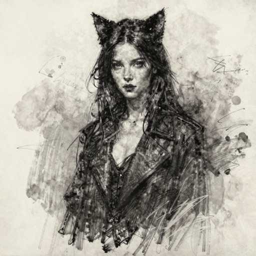 This black and white illustration features a young woman with long, dark hair cascading past her shoulders. She is adorned with cat-like ears on her head, adding a whimsical touch to her appearance. Her attire consists of a black leather jacket, which is open at the front, revealing a low-cut blouse underneath. The blouse is detailed with a lace collar and a zipper, adding to the overall intricate design. A delicate necklace graces her neck, completing her ensemble. The background is a soft, light gray, providing a subtle contrast to the detailed and textured foreground. The image is devoid of any text, allowing the viewer to fully appreciate the artistic elements and the woman's striking features.