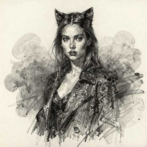 This black and white pencil drawing features a young woman, likely in her late teens or early twenties, with long, straight hair cascading down to her chest. She is adorned in a black leather jacket, detailed with numerous zippers and buttons, over a low-cut black top. Her expression is serious, with her lips slightly parted, and she gazes directly at the viewer. Adding a whimsical touch, she wears cat ears atop her head. The background is a light gray, with abstract, cloud-like shapes and scattered lines, enhancing the overall composition. The drawing is cut off just below her chest, leaving the viewer's focus on her upper body and face.