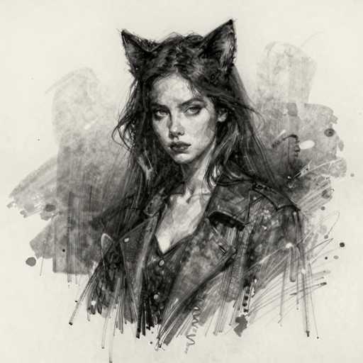 This black and white illustration features a young woman with long, dark hair, styled in a somewhat messy fashion. She is depicted from the chest up, wearing a black leather jacket over a black shirt. Her expression is serious, with her gaze directed slightly to the right. Adding a whimsical touch to the image, she has cat ears protruding from the top of her head. The background is a light gray, with darker gray splotches and lines that create a textured, almost watercolor-like effect. The overall composition is square-shaped, with the woman's figure centrally positioned.