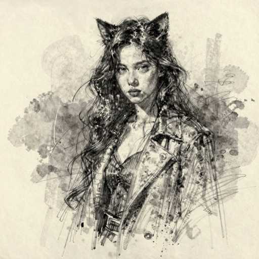 This black and white pencil drawing depicts a young woman with long, wavy hair cascading down to her chest. She is adorned in a black dress with a low neckline, accentuated by a belt around her waist. Over her dress, she wears a distinctive jacket with a large collar and a button on the left side. The woman's face is marked by a serious expression, with her eyes gazing directly at the viewer. Adding a whimsical touch, she sports cat ears atop her head. The background features an abstract array of gray and black splotches, creating a textured and dynamic setting that contrasts with the detailed rendering of the woman.