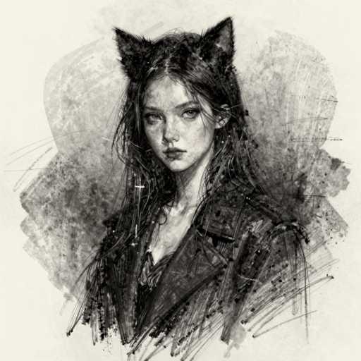 This black and white illustration features a young woman with long, dark hair that cascades down to her chest. She is adorned with cat ears, adding a whimsical touch to her appearance. Her attire consists of a black leather jacket, which is open at the front, revealing a shirt underneath. The woman's expression is serious, with her gaze directed straight ahead. The background is a blend of light and dark gray tones, creating a subtle contrast that highlights her figure. The image is cropped at her chest, focusing on her upper body and face.