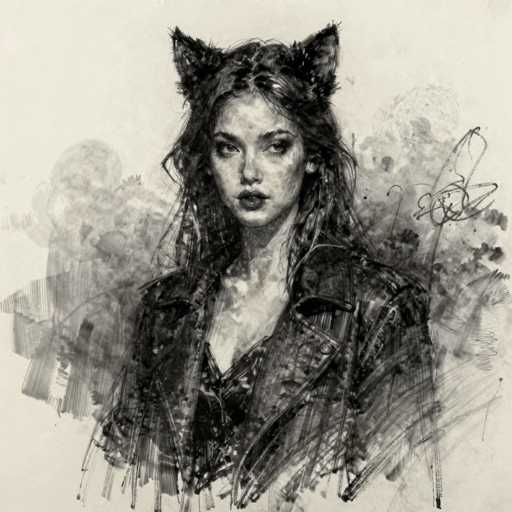 This black and white pencil drawing depicts a young woman, likely in her late teens or early twenties, with long, dark hair cascading down her shoulders. She is adorned with cat ears, adding a whimsical touch to her appearance. Her attire consists of a black leather jacket over a low-cut top, which reveals a hint of cleavage. The woman's expression is serious, with her gaze directed slightly to the left. The background is a chaotic blend of smudged and scribbled lines, creating an abstract and somewhat indistinct setting. The overall composition is detailed yet leaves much to the viewer's interpretation, with the woman's face and upper body being the focal points of the artwork.