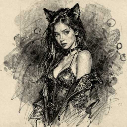 This black and white sketch features a young woman, likely in her late teens or early twenties, with long dark hair cascading down to her waist. She is adorned with cat ears, adding a whimsical touch to her appearance. Her attire is a striking combination of a corset and a leather jacket, which is draped off her shoulders, revealing her left arm. A choker with a buckle graces her neck, complementing her bold look. She gazes directly at the viewer with a serious expression, her lips slightly parted. The background is a chaotic blend of black and gray scribbles, creating a stark contrast against the cream-colored paper. The overall composition is both intricate and captivating, drawing attention to the detailed elements of her outfit and expression.