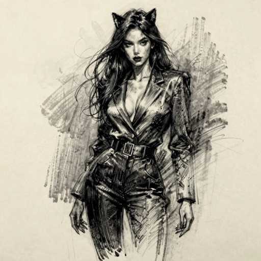 This black and white pencil sketch depicts a young woman with long, flowing black hair and cat ears, giving her a feline appearance. She is dressed in a tight, low-cut leather jacket that is unbuttoned, revealing a significant amount of cleavage. The jacket is cinched at the waist with a black belt featuring a prominent buckle. She pairs this with matching leather pants, completing her sleek, edgy look. The woman's expression is serious, and she gazes directly at the viewer. The background is a light gray, with darker gray smudges and lines adding depth and texture to the image. The sketch captures her from the top of her head down to her thighs, emphasizing her long, slender fingers and the overall dramatic effect of her attire.