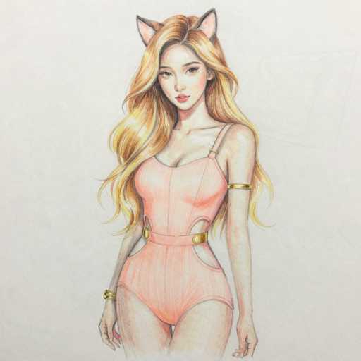 This detailed illustration depicts a young Asian woman with long, wavy blonde hair cascading past her shoulders. She is adorned with pink cat ears that have black tips, adding a whimsical touch to her appearance. Her attire consists of a peach-colored one-piece jumpsuit, accentuated with gold buckles at the waist and on the sides of her hips. She also wears a gold armband on her left arm and a matching gold bracelet on her right wrist. The woman's expression is neutral, with her gaze directed straight ahead. The background is a light gray, providing a subtle contrast to her vibrant outfit and features.