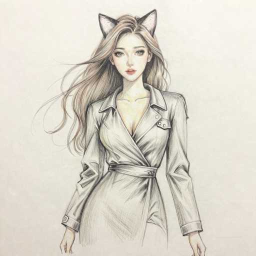 This detailed illustration features a young woman with long, flowing hair that cascades down to her waist, partially covering her shoulders. She has striking blue eyes and is adorned with pink lipstick, giving her a captivating appearance. Her attire is a stylish white dress with a low-cut neckline, complemented by a belt that cinches at her waist. The dress is long-sleeved, with buttons on the cuffs, adding a touch of elegance. Notably, she wears pink cat ears, which add a whimsical element to her look. The background is a simple white, ensuring that the focus remains entirely on her. Her hands are visible, with her right hand slightly raised, adding a dynamic pose to the illustration.