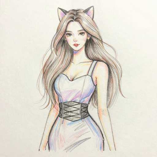 This image features a detailed drawing of a young woman, likely in her late teens or early twenties, with long, wavy hair that cascades down to her waist. Her hair is a blend of brown and blonde, with subtle highlights. She has a delicate, fair complexion and striking features, including large eyes adorned with long eyelashes, a small nose, and red lips. She is dressed in a white dress with thin straps and a black corset-like belt that crisscrosses around her waist. The dress is sleeveless and has a low neckline, revealing some cleavage. Adding to her whimsical appearance, she has cat ears on top of her head, colored pink with white tips. The drawing is set against a light gray background, and the woman is depicted from the top of her head to just below her hips.