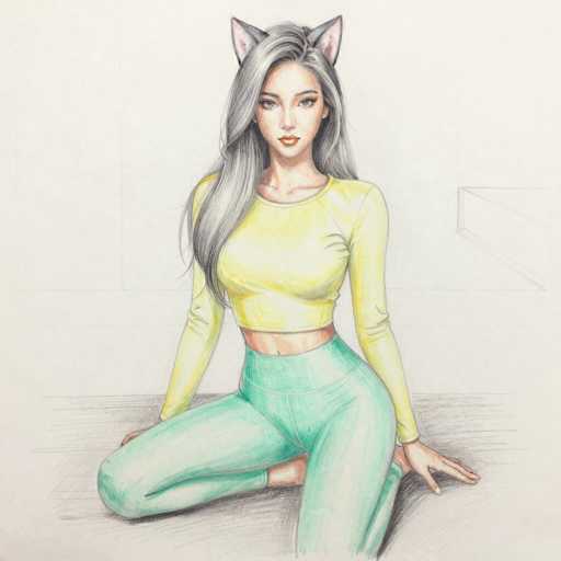 This detailed drawing features a young woman with long, flowing gray hair that cascades down to her waist. She is seated on the floor, with her legs positioned in a way that one knee is bent and the other leg is tucked underneath her. Her attire consists of a vibrant yellow long-sleeved shirt that reveals her midriff, paired with light green pants. Her hands rest gently on the floor beside her. Adding a whimsical touch to the image, she has pink cat ears perched atop her head. The background is a simple white wall, allowing the focus to remain on her striking appearance and serene posture.