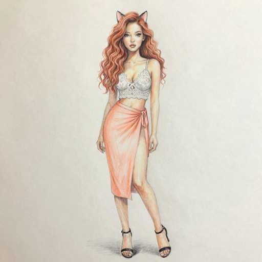 A detailed pencil drawing of a young woman with long, wavy, fiery red hair and cat ears. She is wearing a white lace bralette and a coral-colored midi skirt tied at the waist, with one leg exposed. She is wearing black heeled sandals and looking directly at the viewer with a slightly pouting expression. The drawing is rendered in soft, delicate shading, giving it a realistic yet stylized appearance.
