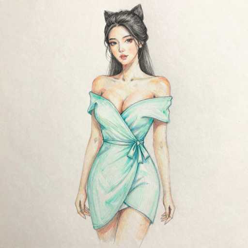 This image features a detailed drawing of a young Asian woman, likely in her late teens or early twenties. She has long, dark hair that cascades down her back, with a few strands playfully framing her face. Her hair is styled with a slight curl at the ends, and she wears a pair of cat ears, adding a whimsical touch to her appearance. Her complexion is fair, and she has a subtle blush on her cheeks, complemented by light pink lipstick.

The woman is dressed in a light green, off-the-shoulder dress that ties at the waist, revealing a hint of her midriff. The dress is short, ending just above her knees, and features a slit on the left side, showcasing her leg. Her arms hang naturally by her sides, with her hands relaxed at her hips. The drawing captures her from the top of her head down to just above her knees, emphasizing her youthful and vibrant presence.