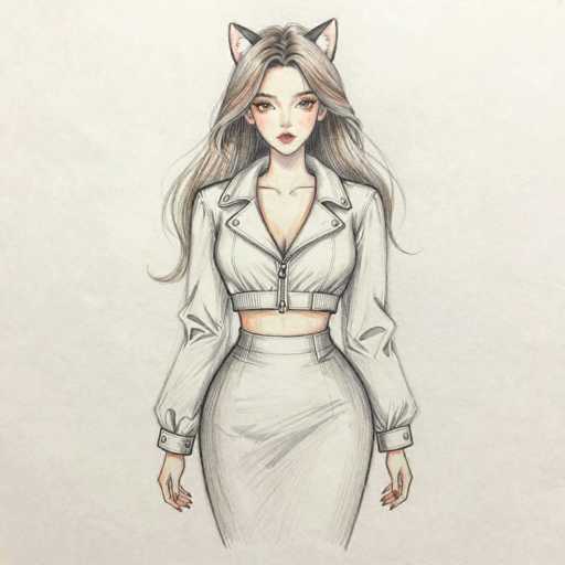 This image features a detailed drawing of a young woman, likely in her late teens or early twenties, with long, wavy hair that cascades down to her waist. She has a slender figure and is depicted wearing a white, cropped leather jacket with long sleeves and a zipper running down the front. The jacket is cinched at the waist with a belt, revealing her midriff, and she pairs it with a matching white leather skirt. Her nails are painted a vibrant red, and she has a serious expression on her face, with her lips slightly parted. Adding a whimsical touch to her appearance, she sports cat ears on top of her head. The background of the image is a light gray, providing a neutral backdrop that highlights the intricate details of her attire and features.