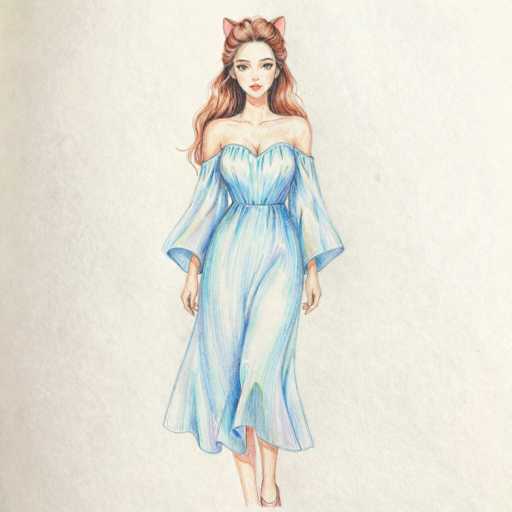 This image features a detailed drawing of a young woman, likely in her late teens or early twenties, with long, wavy reddish-brown hair. She is depicted wearing a light blue, off-the-shoulder dress that flares out slightly at the bottom, ending just above her ankles. The dress has a sweetheart neckline and is adorned with subtle white and yellow accents. Her arms are positioned down by her sides, and she is wearing high-heeled shoes, though only one is visible. The woman has a pointed chin, brown eyes, and pink lips, and she is looking directly at the viewer. Notably, she has pink cat ears protruding from the top of her head. The background of the image is a light gray, providing a neutral backdrop that highlights the figure. The overall style of the drawing is reminiscent of anime or manga, with a focus on intricate details and expressive features.