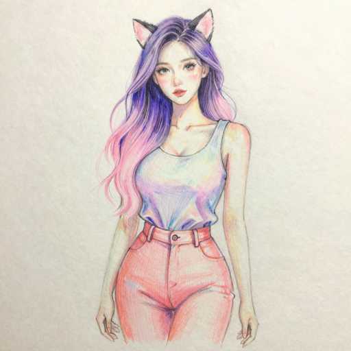 A charming, hand-drawn colored pencil illustration depicts a cute woman with cat ears. She has long, flowing hair transitioning from dark purple at the roots to soft pink at the tips. Her eyes are large and expressive, with a gentle smile gracing her face. She's wearing a pastel-colored tank top and high-waisted jeans in light coral, with a subtle pink hue on her cheeks. The overall style is soft and whimsical, showcasing delicate shading and a gentle color palette.