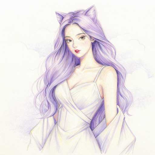 This image features a detailed, colored pencil drawing of a young Asian woman, likely in her late teens or early twenties. She has long, wavy hair that transitions from a light lavender at the top to a lighter purple at the ends, cascading down to her waist. Her hair is parted in the middle, and she wears cat-ear headgear, adding a whimsical touch to her appearance. She has large, expressive eyes with long eyelashes, and her lips are painted a striking red. She is dressed in a white, strappy dress that reveals her shoulders and upper chest, with the fabric flowing down to her elbows. The background is a soft, light purple, resembling clouds, which complements the overall ethereal and dreamy quality of the artwork.
