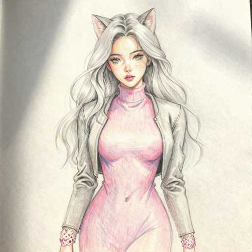 This detailed drawing depicts a young woman with long, flowing white hair cascading down to her waist. She has striking cat ears, pink on the inside, adding a whimsical touch to her appearance. Her expressive eyes are accentuated with long eyelashes, and her lips are painted a soft pink. She is dressed in a form-fitting pink bodysuit that extends from her neck down to her thighs, complemented by a gray jacket. The jacket features pink cuffs adorned with a diamond pattern, adding a touch of elegance to her outfit. The background is a light gray, with darker gray shadows in the upper left and right corners, creating a subtle contrast that highlights the subject. The drawing is meticulously detailed, with the woman's face and hair rendered in a style that suggests it was created using colored pencils.