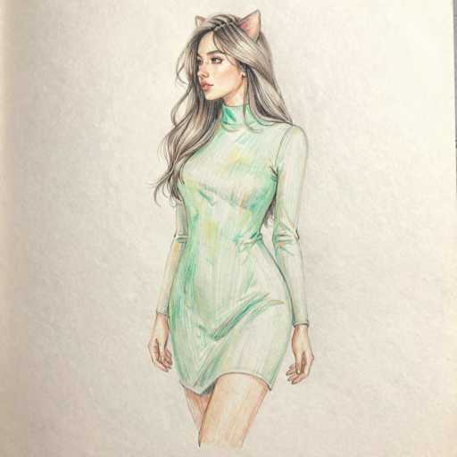 This detailed illustration features a young woman with long, wavy hair that cascades down to her waist. Her hair is predominantly blonde with darker roots, giving it a sun-kissed appearance. She has a delicate, fair complexion and striking features, including large eyes, a small nose, and full lips. The woman is adorned with pink cat ears, adding a whimsical touch to her look. She is dressed in a form-fitting dress that extends from her neck to her thighs, showcasing her slender figure. The dress is a vibrant mix of green, yellow, and orange hues, creating a lively and eye-catching ensemble. The background of the image is a soft, light pink, which complements the overall pastel color palette of the illustration.