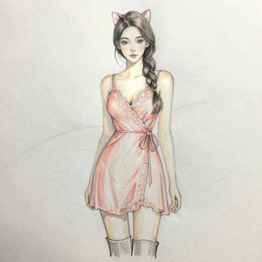 This image features a detailed drawing of a young Asian woman, likely in her late teens or early twenties. She has long, dark brown hair styled in a braid that drapes over her left shoulder. Her hair is adorned with pink cat ears, adding a whimsical touch to her appearance. The woman is dressed in a pink nightgown that is tied at the waist and falls just above her knees. The nightgown has a lace border along the bottom and features thin straps over her shoulders. She is also wearing thigh-high boots, which are partially visible in the image. The background is a light gray, and the drawing appears to be done in colored pencil, giving it a soft, textured look. The woman is depicted with a neutral expression, looking directly at the viewer.