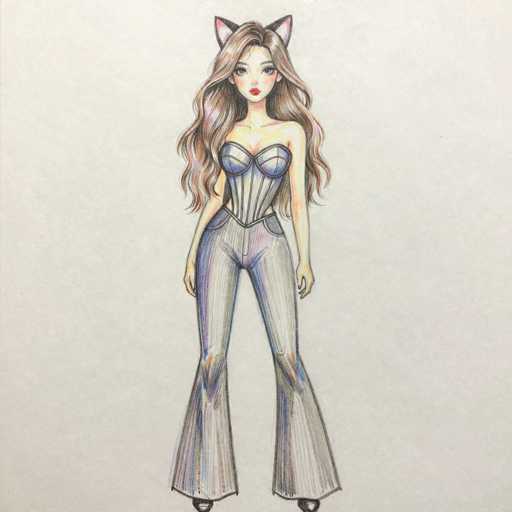 This image features a detailed drawing of a young woman, likely in her late teens or early twenties, with long, wavy brown hair cascading down to her waist. She has a delicate, slender build and is adorned with cat ears that are pink on the inside and gray on the outside. Her expressive eyes are accentuated with eye shadow, and she wears bright red lipstick that contrasts beautifully with her fair skin. She is dressed in a form-fitting corset top with thin straps, which is predominantly gray with hints of blue and purple. Her pants are wide-legged and flare out at the bottom, featuring a mix of gray, blue, and purple hues. The drawing is set against a light gray background, and the woman's feet are not visible in the image.