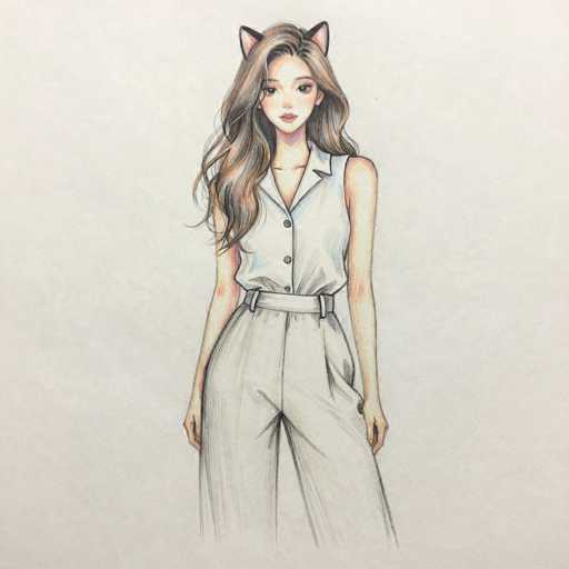 This image features a detailed drawing of a young Asian woman, likely in her late teens or early twenties. She has long, wavy brown hair that cascades down to her chest, with a subtle blend of blonde highlights. Her hair is parted in the middle, and she wears a pair of cat ears, adding a whimsical touch to her appearance. Her facial features include large, expressive eyes, a small nose, and full lips adorned with lipstick. She is dressed in a sleeveless white button-up shirt with a collar, paired with white pants that are secured by a belt. The drawing captures her from the top of her head down to her knees, with her arms resting naturally at her sides. The background is a light gray, providing a neutral backdrop that allows the focus to remain on the intricately detailed figure.
