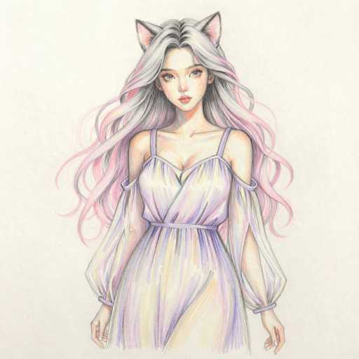 This detailed illustration features a young woman with long, flowing hair that transitions from white at the roots to pink at the tips. She has striking blue eyes and wears a light purple dress with thin straps and long, flowing sleeves that reach her wrists. The dress is cinched at the waist with a matching purple belt. Her hair is parted in the middle, and she sports pink cat ears, adding a whimsical touch to her appearance. The woman stands with her arms at her sides, looking directly at the viewer. The background is a light beige, almost white, which contrasts with the vibrant colors of her attire and hair. The overall style of the drawing is reminiscent of anime, with a focus on intricate details and expressive features.