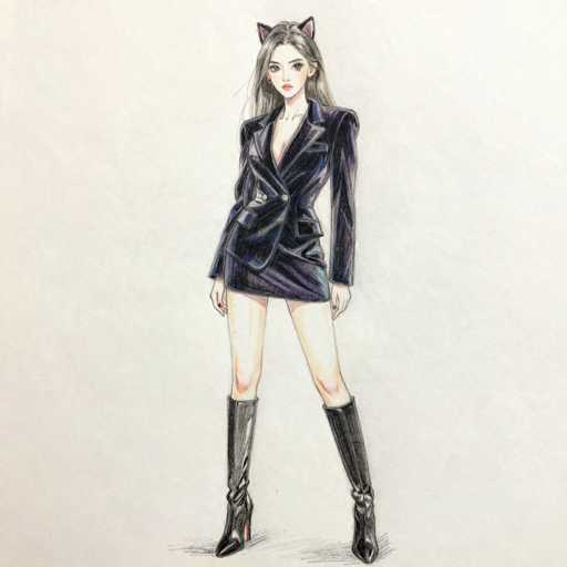 This detailed illustration depicts a young woman with long, straight, light brown hair, adorned with cat ears. She is dressed in a stylish black leather jacket that extends to her upper thighs, featuring a deep V-neckline, two buttons, and a pocket on the right side. Her outfit is completed with thigh-high black leather boots that have high heels. The woman has a pale complexion, large eyes, and is wearing red lipstick. She stands with her legs slightly apart, her hands resting at her sides, and gazes directly at the viewer. The background is a light gray, and the image is rendered with colored pencils, giving it a textured, hand-drawn appearance.