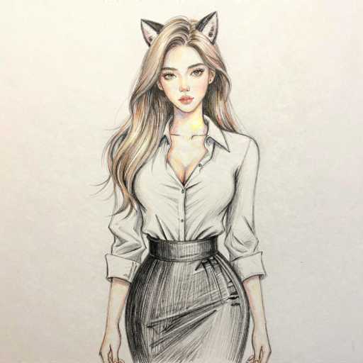 This detailed illustration features a young woman with long, wavy hair that cascades down to her waist, blending shades of brown and blonde. She has a fair complexion and striking facial features, including large eyes, a small nose, and full lips. Adorning her head are black cat ears with white centers, adding a whimsical touch to her appearance. She is dressed in a white button-up shirt with the top two buttons undone, revealing a hint of cleavage. The shirt is tucked into a black pencil skirt that is cinched at the waist with a black belt. Her arms hang naturally by her sides, and the image captures her from the top of her head down to just above her knees. The background is a simple, light gray, which accentuates the detailed and colorful elements of her attire and features.