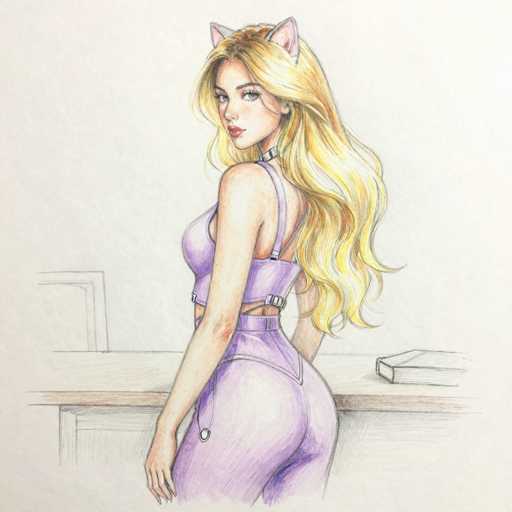 This detailed pencil drawing depicts a young woman with long, wavy blonde hair cascading down her back. She is adorned with pink cat ears, adding a whimsical touch to her appearance. Her attire is a striking purple ensemble, consisting of a halter top and matching pants, accentuated by a belt that cinches her waist. The woman is posed with her back to the viewer, but her head is turned over her right shoulder, gazing directly at the observer with a serious expression. Her lips are painted a vivid red, and her eyes are a captivating blue. The background features a wooden desk, on which a book is placed to her right. The overall composition is rendered in shades of gray, with the exception of the woman's vibrant hair and clothing, which stand out in their bright hues.